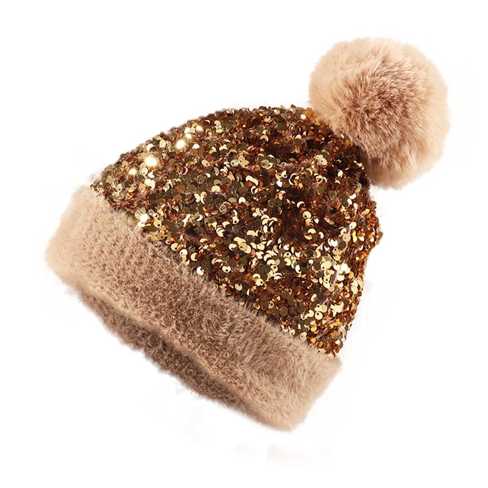 8326 Sequin Knitted Beanie Hat with Removable Faux Fur Pom-Pom Shiny Bling